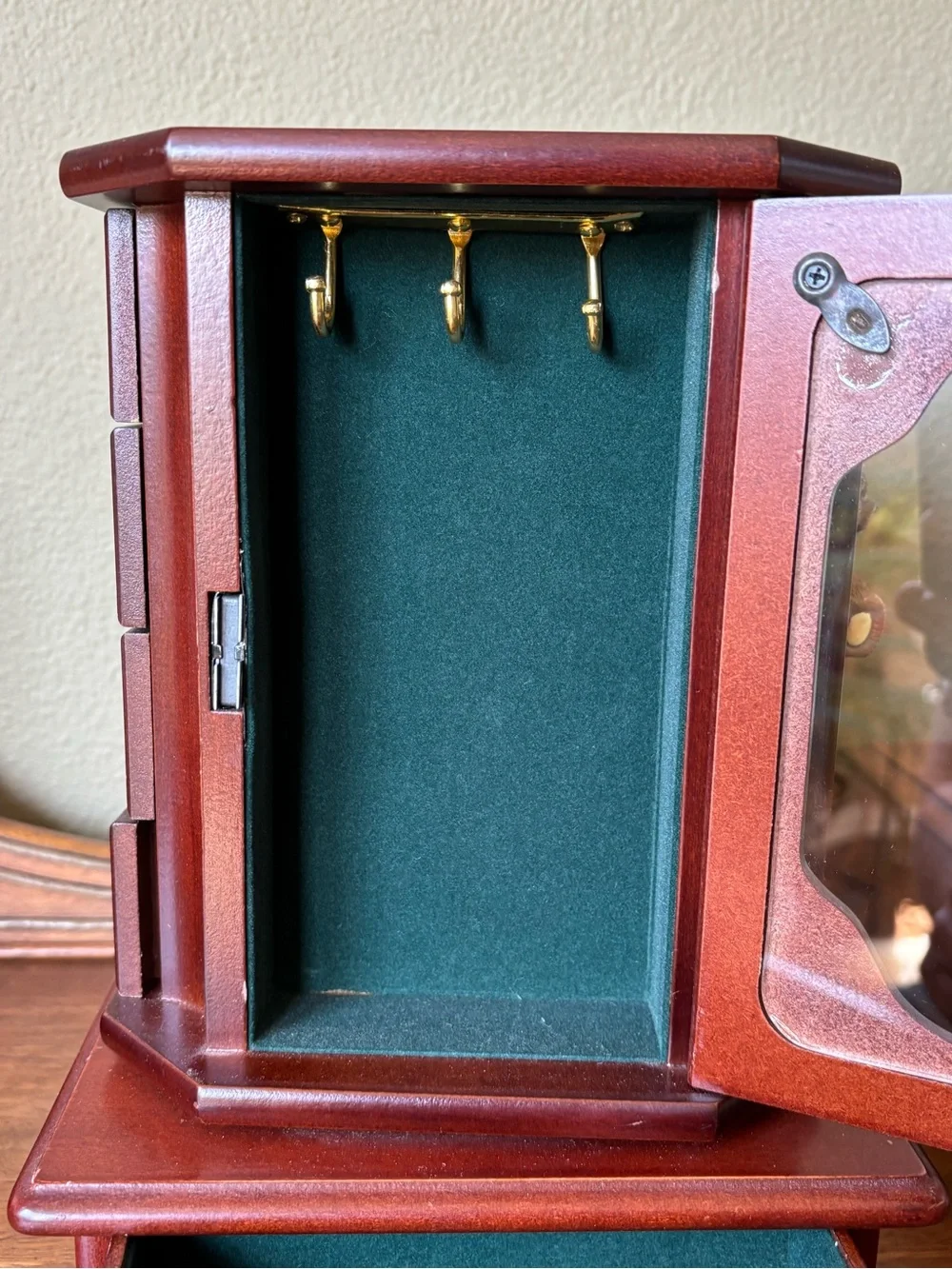 Spinning wood jewelry box drawers mirror